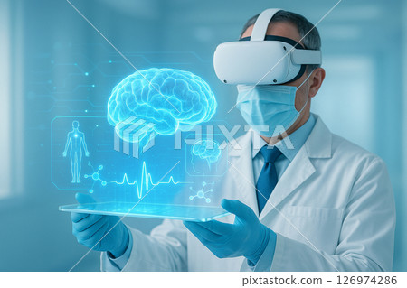 AI generated image of a futuristic doctor studying glowing human brain cells using VR headset and holographic data tablet in a clean hightech medical environment 126974286