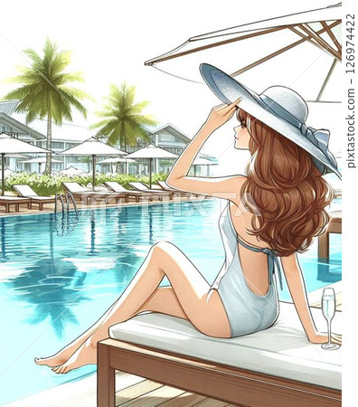 A woman sitting by the pool 126974422