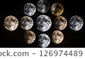 A decorative arrangement of illuminated spheres resembling moons, featuring different shades of light against a dark backdrop, creating a celestial pattern. 126974489
