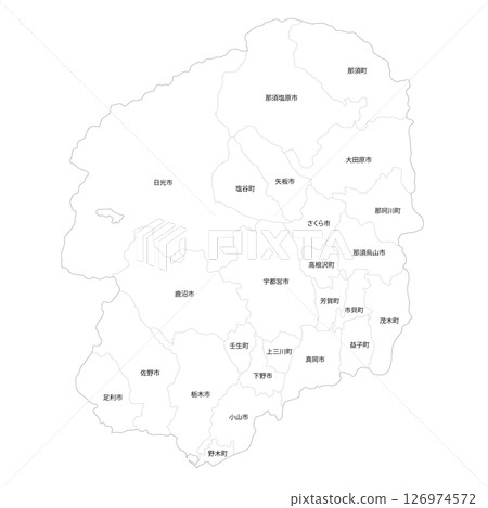 Blank map of Tochigi prefecture and municipalities 126974572