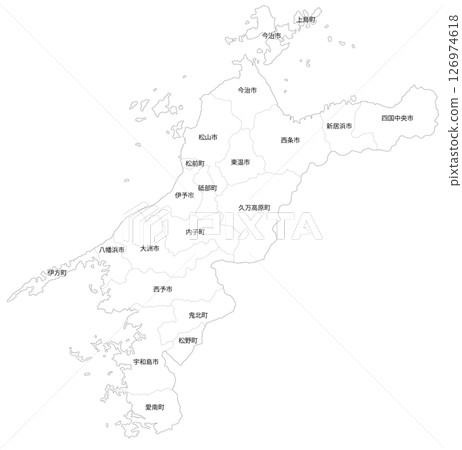 Blank map of Ehime prefecture and municipalities Blank map of Ehime prefecture and municipalities 126974618