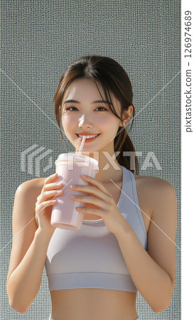 微笑的亞洲女性在戶外喝冰沙 微笑的亞洲女性在戶外喝冰沙 126974689