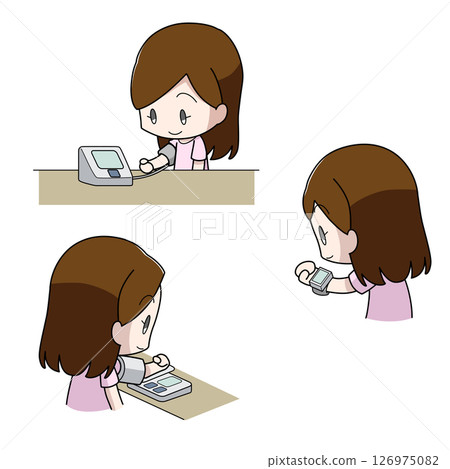 Three illustrations of women measuring blood pressure 126975082