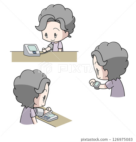三幅老年婦女測量血壓的插圖 126975083