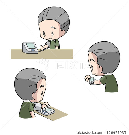 三幅老年男性測量血壓的插圖 三幅老年男性測量血壓的插圖 126975085