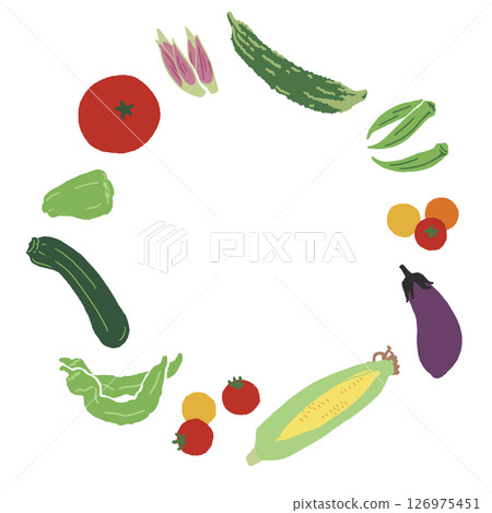 Round frame material made of hand-drawn summer vegetables Round frame material made of hand-drawn summer vegetables 126975451