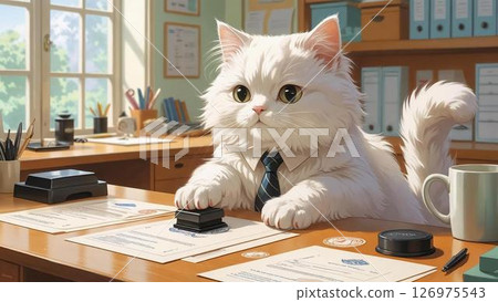 A serious cat office worker - stamping the document firmly! 126975543