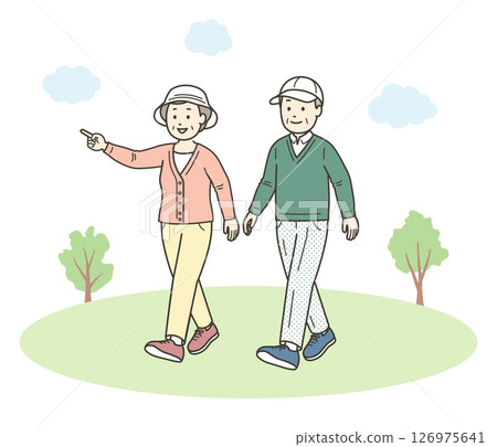 一對友好的老年夫婦在公園散步的全身插圖 126975641