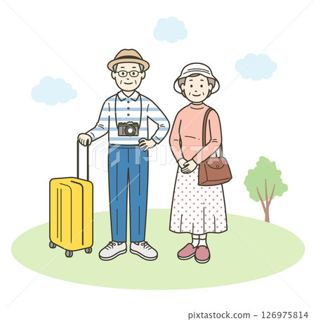 一對友好的老年夫婦在旅遊目的地玩得開心的全身插圖 126975814