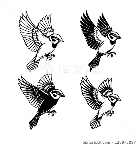 Set of four flying sparrows in black and white vector style. Beautiful detailed illustrations perfect for prints, logos, stickers, and tattoo designs. Birds are flying. 126975857