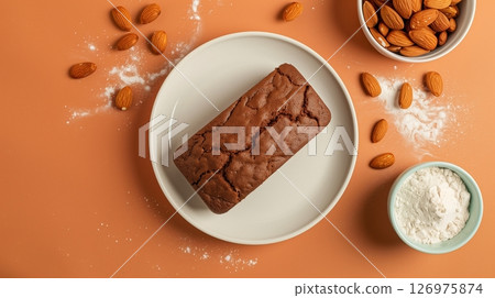 Chocolate loaf cake bread gluten free from almond flour homemade on white plate 126975874