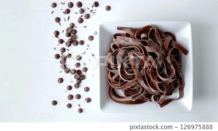 Chocolate pasta noodle sweet snack food on plate flat lay white table 126975888