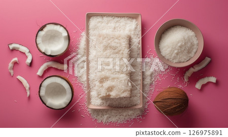 Coconut loaf cake homemade, gluten free on plate flat lay on pink table background 126975891