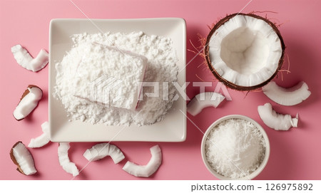Coconut loaf cake homemade, gluten free on plate flat lay on pink table background 126975892