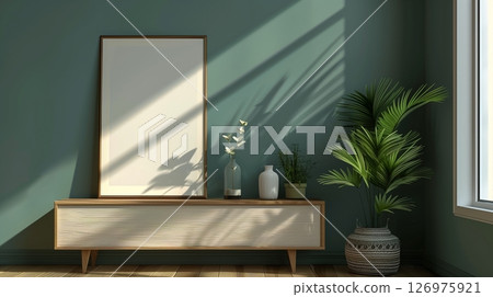 Wooden mockup frame blank white on cabinet, leaning on green wall with sun light Wooden mockup frame blank white on cabinet, leaning on green wall with sun light 126975921