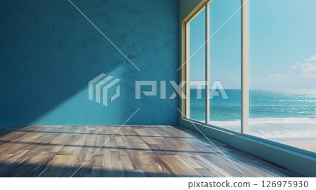 Big window open blue ocean view empty room parquet blue wall 126975930