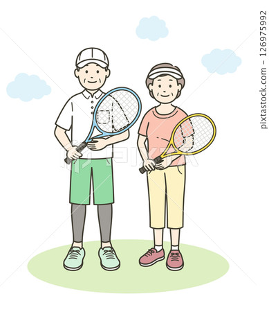 一對老年夫婦享受網球愛好的全身插圖 126975992
