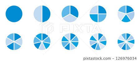 Pie chart, equal division, divided figures, collection, vector, blue Pie chart, equal division, divided figures, collection, vector, blue 126976034