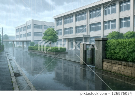 Illustration of a school gate in the rain Illustration of a school gate in the rain 126976054