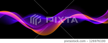 Smooth neon sound wave on black background. Abstract flowing wavy lines design for ai concept, eq equalizer, audio record, voice assistant. Orange blue purple gradient curve stripe wallpaper. Vector 126976100