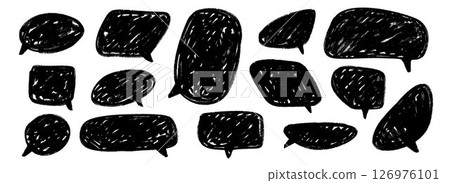 Hand drawn speech bubble collection. Doodled marker dialog box set. Sketched textured comic talk frames. black scribbled chat box pack. Round, square or rectangle balloon text box bundle. Vector  126976101