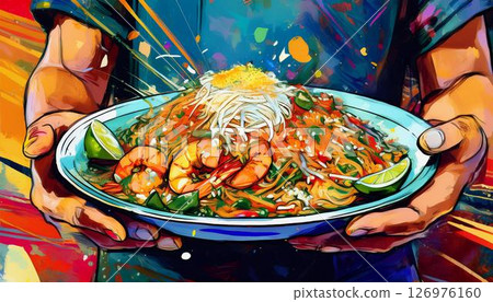 A person's hand holding Pad Thai at a local food stall in Thailand 126976160