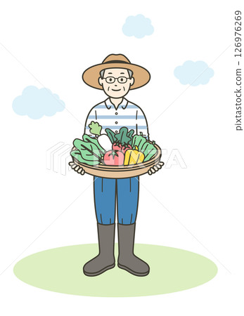 Full-body illustration of an elderly person holding vegetables harvested from a home garden 126976269