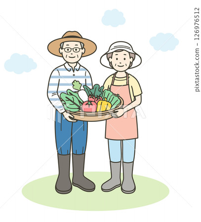 Full-body illustration of an elderly couple holding vegetables harvested in their home garden 126976512