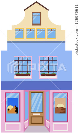 European house. Cute Dutch building with the gallery art. Colorful vector illustration in a hand-drawn childish Scandinavian style. Isolate on a white background 126976611