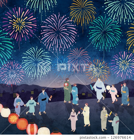 Summer festival, fireworks display watercolor illustration, Japanese festival 126976614