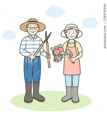 Full-body illustration of an elderly couple enjoying gardening Full-body illustration of an elderly couple enjoying gardening 126976944