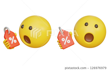 Surprised emoji holding a discount label 3D graphic Surprised emoji holding a discount label 3D graphic 126976979