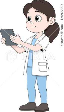 Cartoon Female Doctor Holding Tablet Illustration 126977003