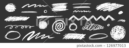 Crayon chalk scribble effect texture pastel stroke element set. Hand drawn crayon pencil brush stroke texture line shape on black background. Chalk scratch hand drawn style. Vector 126977013