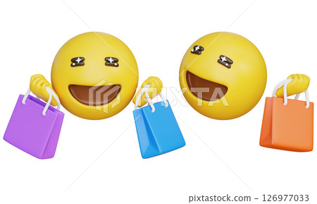 Happy expression emoji holding shopping bags in both hands 3D graphic Happy expression emoji holding shopping bags in both hands 3D graphic 126977033