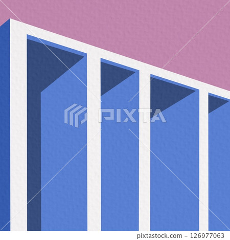 Minimalist illustration of a modern blue building facade with columns and shadows under a pink sky Minimalist illustration of a modern blue building facade with columns and shadows under a pink sky 126977063