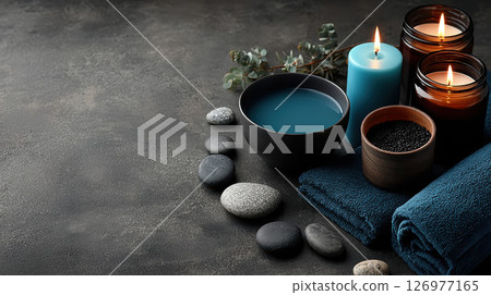 Spa relaxation candle towel stone bowl peaceful wellness calm therapy Spa relaxation candle towel stone bowl peaceful wellness calm therapy 126977165