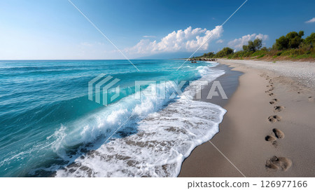 Calm beach with footprints in sand, turquoise sea, blue sky, peaceful summer day 126977166