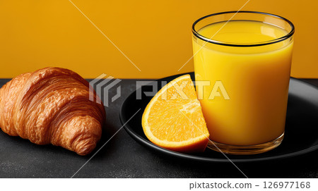 Glass of orange juice, croissant, and orange slice on black plate, breakfast setup, bright mood Glass of orange juice, croissant, and orange slice on black plate, breakfast setup, bright mood 126977168