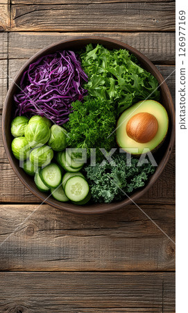Fresh avocado, lettuce, purple cabbage, cucumber, kale, and brussels sprouts in wooden bowl Fresh avocado, lettuce, purple cabbage, cucumber, kale, and brussels sprouts in wooden bowl 126977169