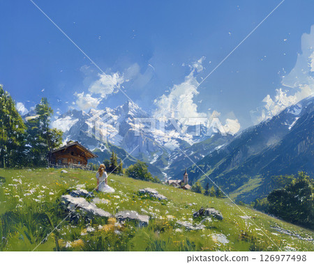 瑞士阿爾卑斯山與藍天油畫風格風景插畫 126977498