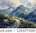 Mountain climbing man Oil painting style landscape illustration 126977500