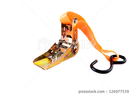 Heavy-duty ratchet with orange strap and metal hook, isolated on white. Used for tightening and securing cargo in transport or storage. Heavy-duty ratchet with orange strap and metal hook, isolated on white. Used for tightening and securing cargo in transport or storage. 126977539