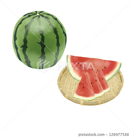 Watercolor style: Set of whole and sliced watermelons on a bamboo colander Watercolor style: Set of whole and sliced watermelons on a bamboo colander 126977588