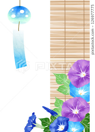 Summer greeting card with wind chimes, morning glory and bamboo blinds, vertical, cute, illustration, Japanese style 126977775