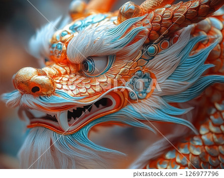 A magnificent dragon costume with vibrant orange and blue details showcases intricate craftsmanship, symbolizing strength, prosperity, and tradition during festive Chinese New Year celebrations. 126977796