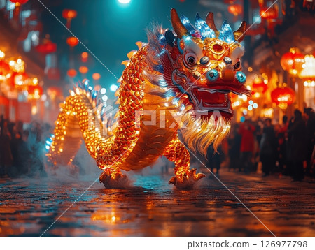 A dazzling dragon dance lights up the Chinese New Year night, symbolizing strength, prosperity, and celebration. Lanterns glow as the streets come alive with vibrant energy and cultural tradition. 126977798