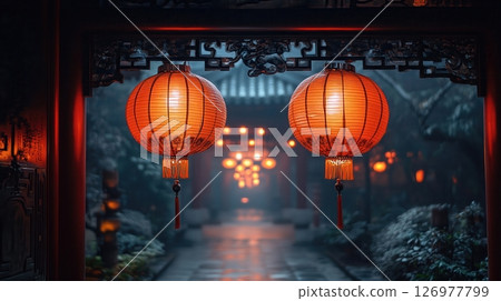 Glowing red lanterns illuminate a serene courtyard, embodying the festive spirit of Chinese New Year,a celebration of culture, prosperity, and traditions passed through generations with joy and unity. 126977799