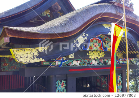 The beautifully colored Karamon gate of Hogonji Temple on Chikubushima Island 126977808