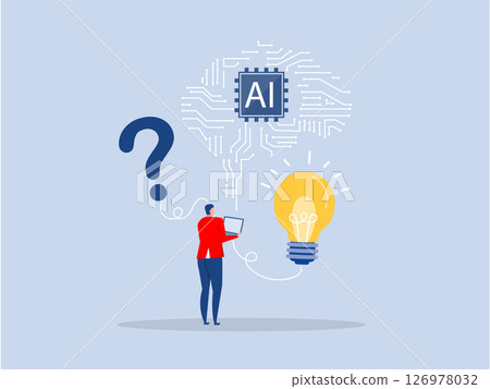 Questions and answers,Businessman working with AI to find a solution to problem leading to the creation of a light bulb idea. Vector design. 126978032